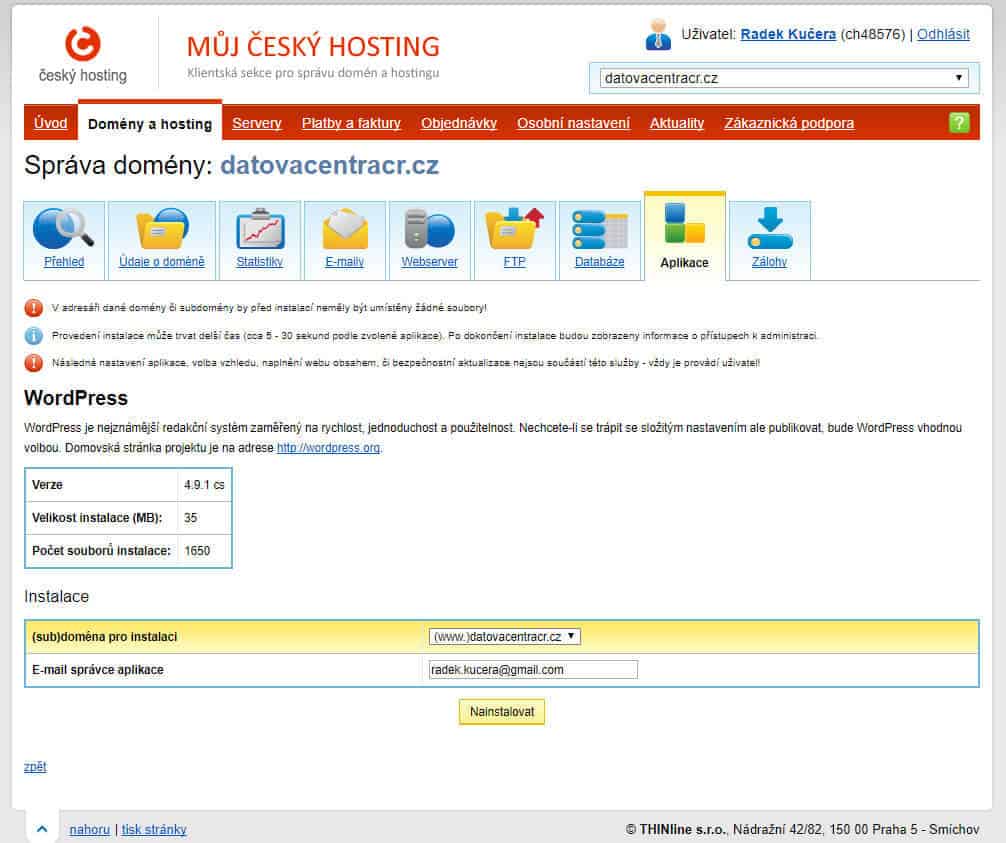 cesky-hosting.cz - instalace wordpress na jedno kliknuti