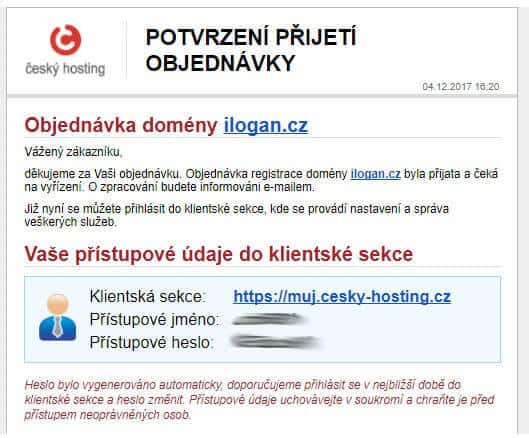 cesky-hosting.cz - objednani wehbostingu - email pristupove udaje