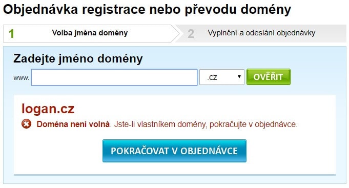 cesky-hosting.cz - objednani wehbostingu - kontrola domeny - obsazeno