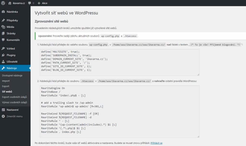 wordpress_multisite_vytvoreni_site_webu_editace_htaccess_wp-config