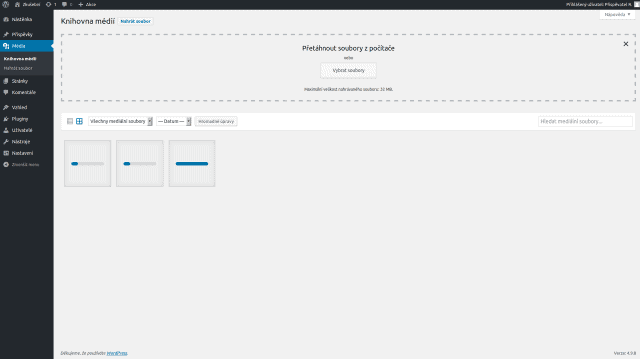 Na obrázku vidíte Média se zobrazenou možností nahrávání a 3 položky, které jsou na web právě nahrávány.