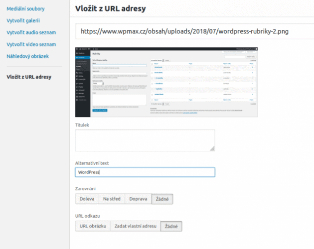 Vkládání obrázku přes URL za pomoci vizuálního editoru
