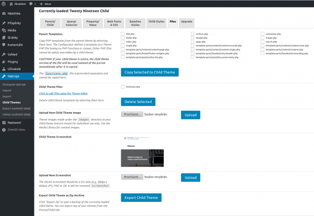Vytvoření souboborů pomocí pluginu Child theme configurator