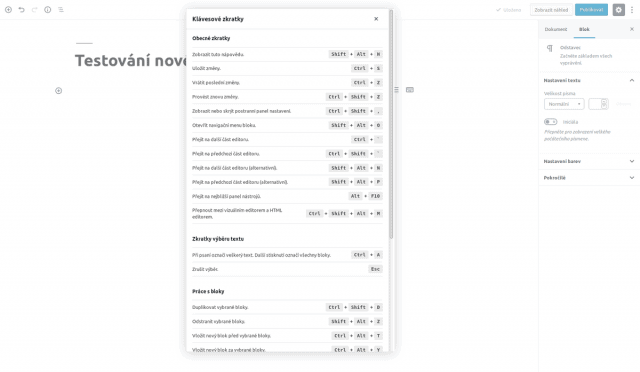 wordpress_vytvorit-novy-prispevek_blokovy_editor_gutenberg_nastavení_klvesove_zkratky