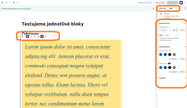 wordpress_gutenberg editor blok odstavec