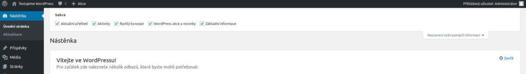administrace wordpress horni menu nastaveni