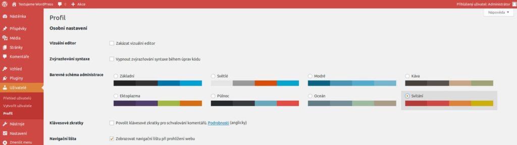administrace wordpress barevne nastaveni
