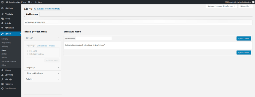 WordPress administrace vytvoření menu 1