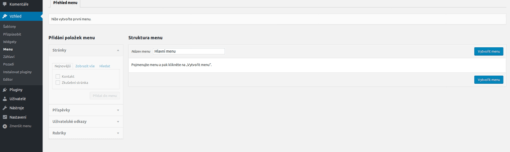 WordPress vytvoření nového menu