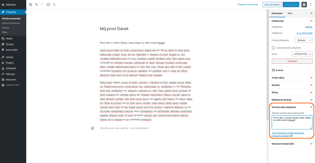 wordpress strucny vypis gutenberg