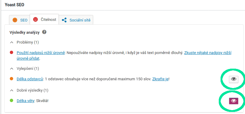 Yoast SEO - Analýza čitelnosti