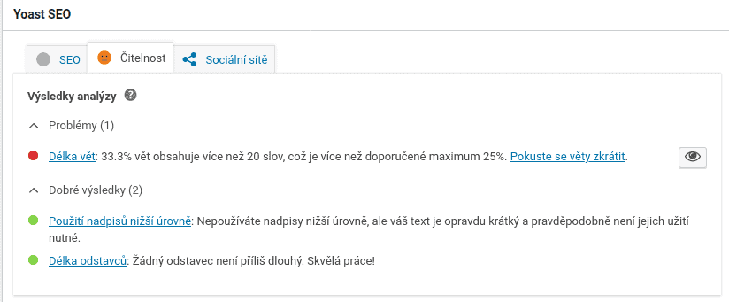 Yoast SEO - Analýza čitelnosti