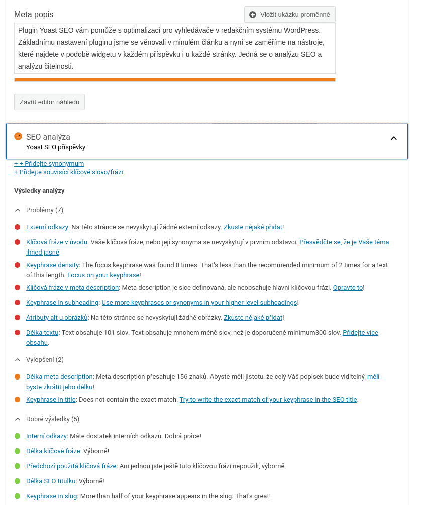Yoast SEO plugin - obsah webu, analýza článku