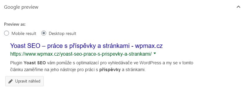 Google preview ve vidgetu Yoast SEO pod článkem