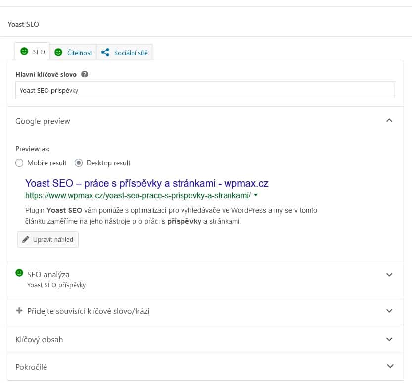 Yoast SEO widget pod článkem