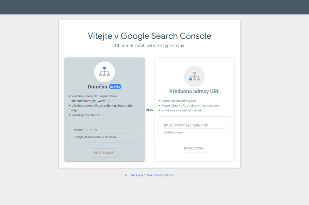 Google Search Console - výběr služby