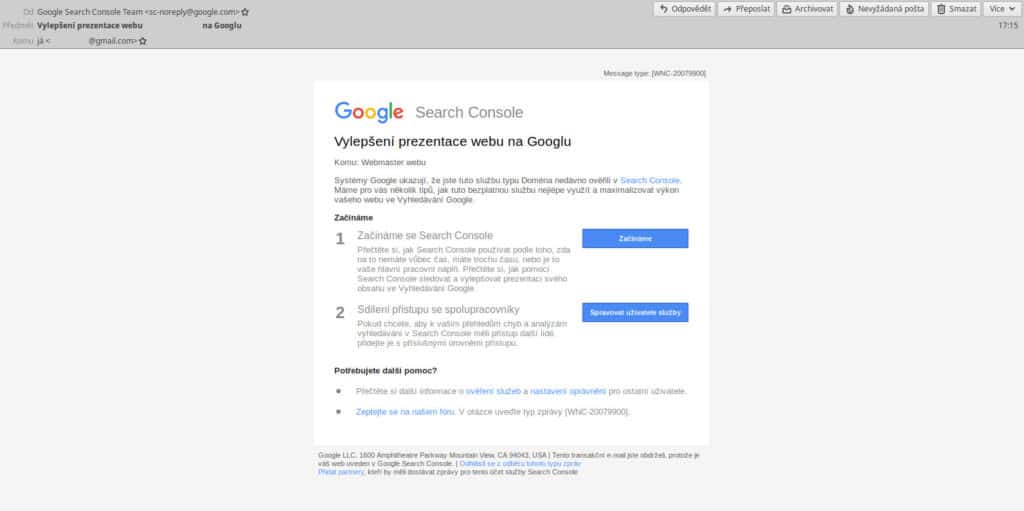 Google Search Console - e-mail po úspěšném přidání nové služby