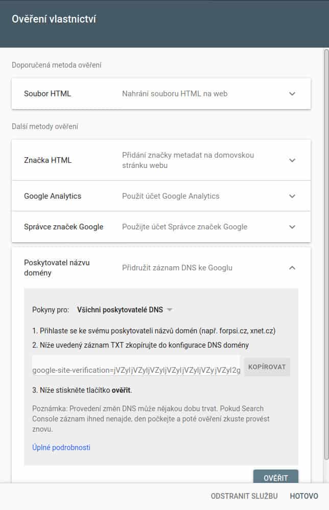 Google Search Consol - ověření záznamem DNS
