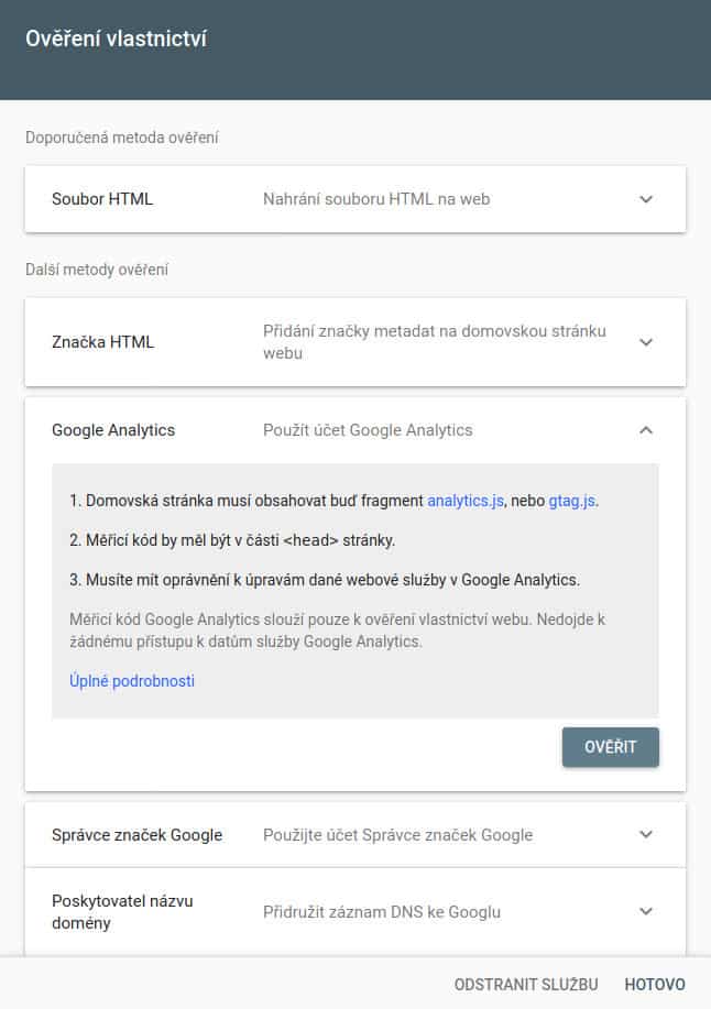 Google Search Console - ověření přes Google Analytics