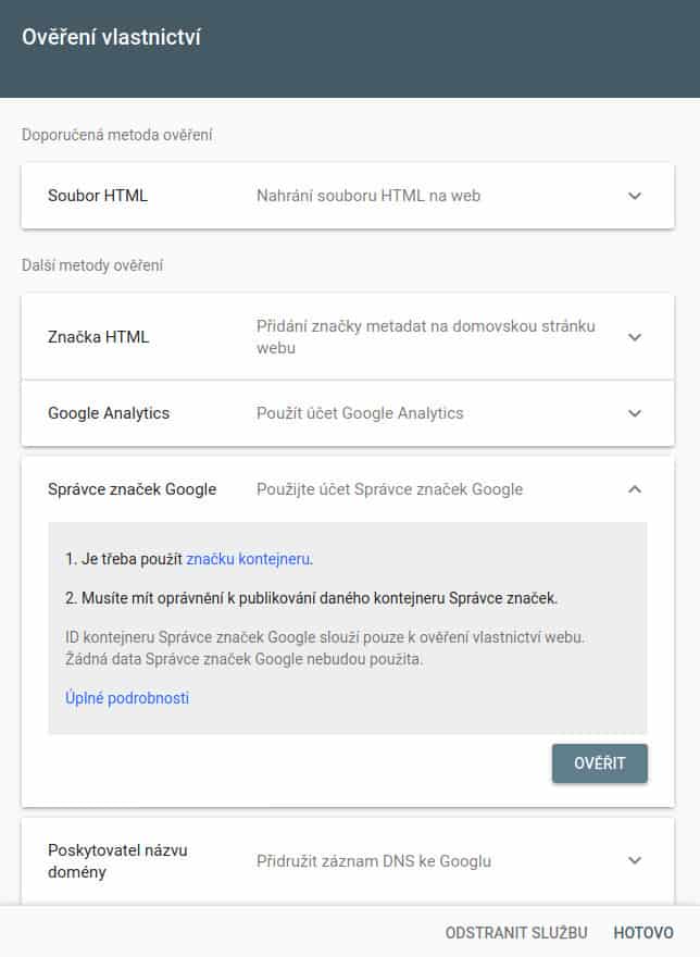 Google Search Console - ověření přes Správce značek