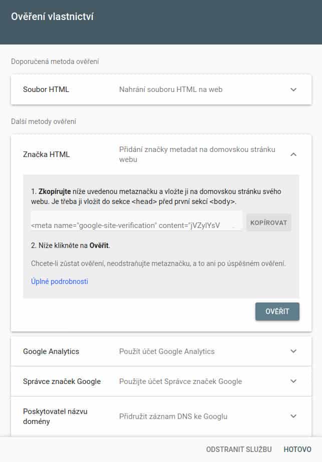 Google Search Console - ověření metadaty