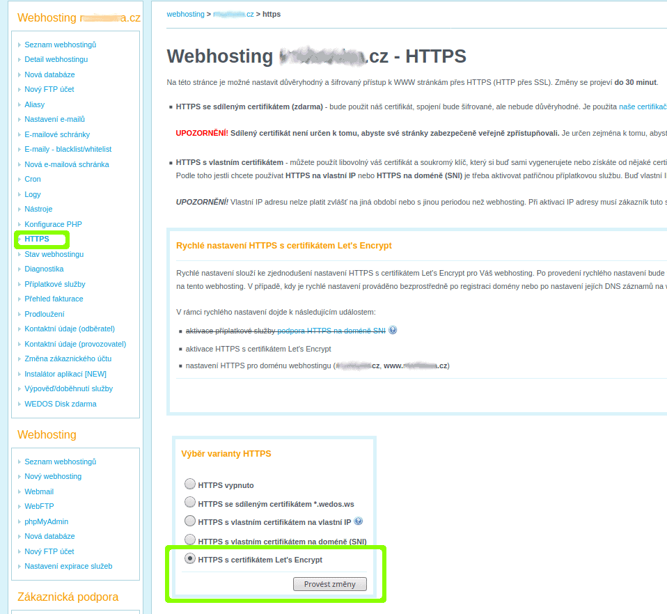 Nastavení HTTPS na Wedosu