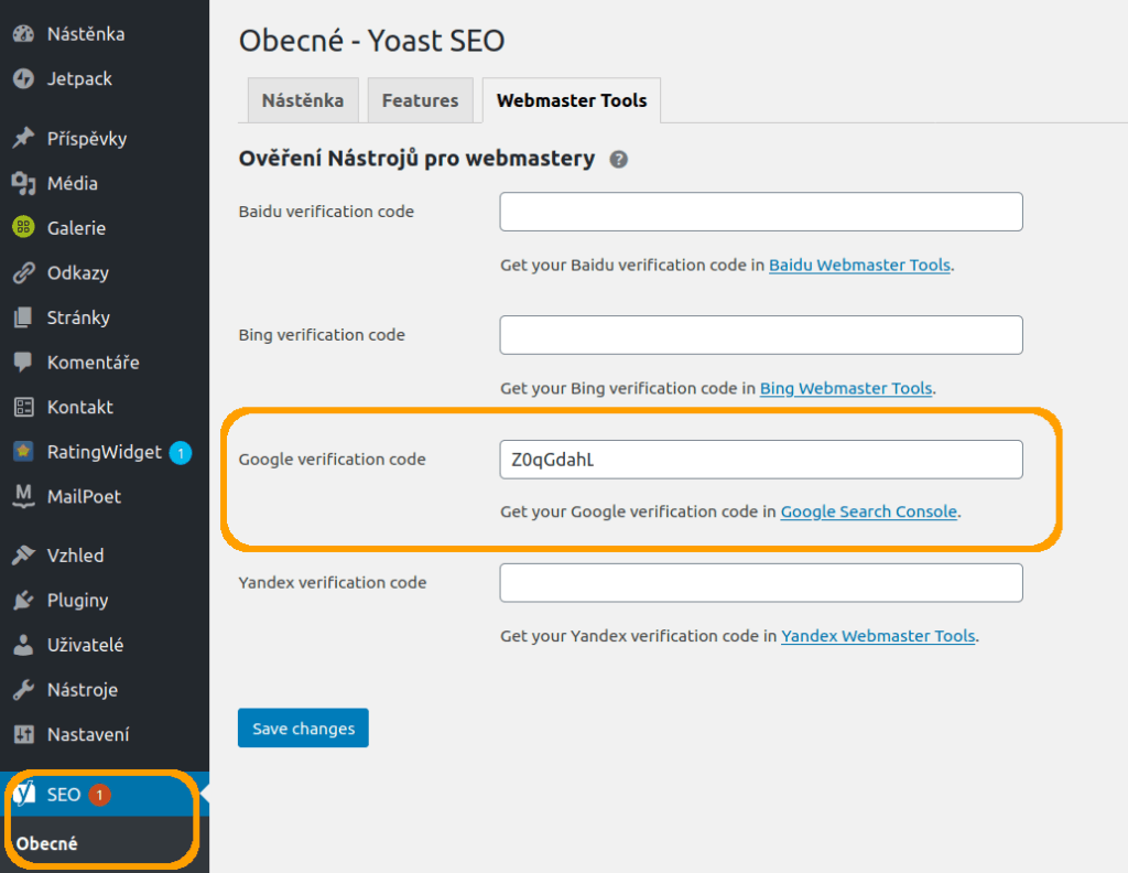 Propojení Google Search Console s pluginem Yoast SEO
