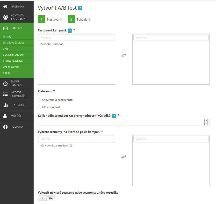 SmartEmailing - A/B test kampaní