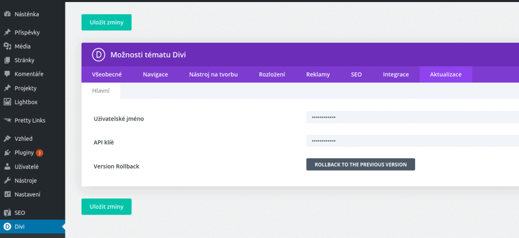 Šablona Divi - nastavení - aktualizace