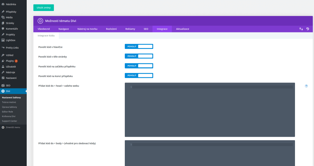 Šablona Divi - nastavení - integrace