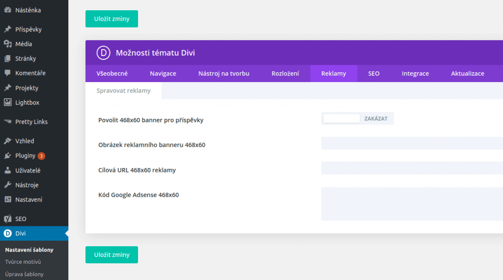 Šablona Divi - nastavení - reklamy