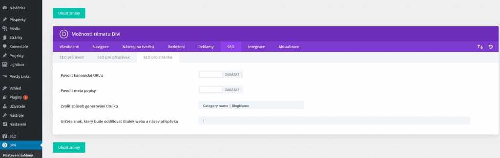 Šablona Divi - nastavení - SEO