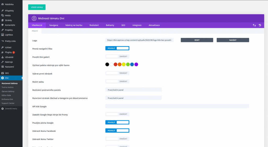 Šablona Divi - nastavení všeobecné