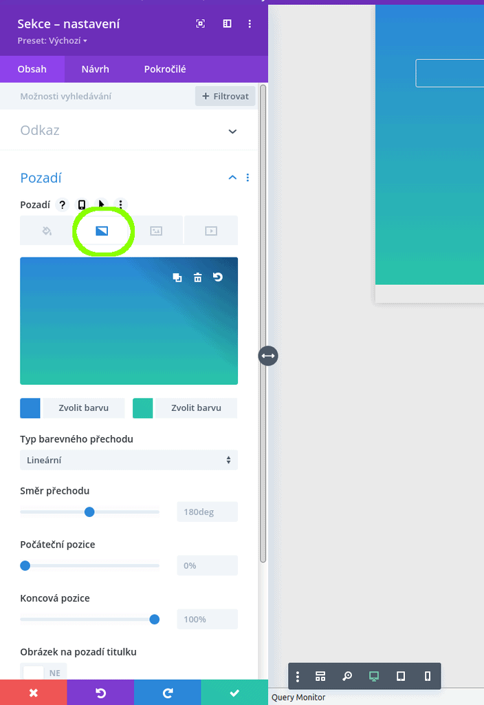 Nastavení barevného přechodu na pozadí v šabloně Divi