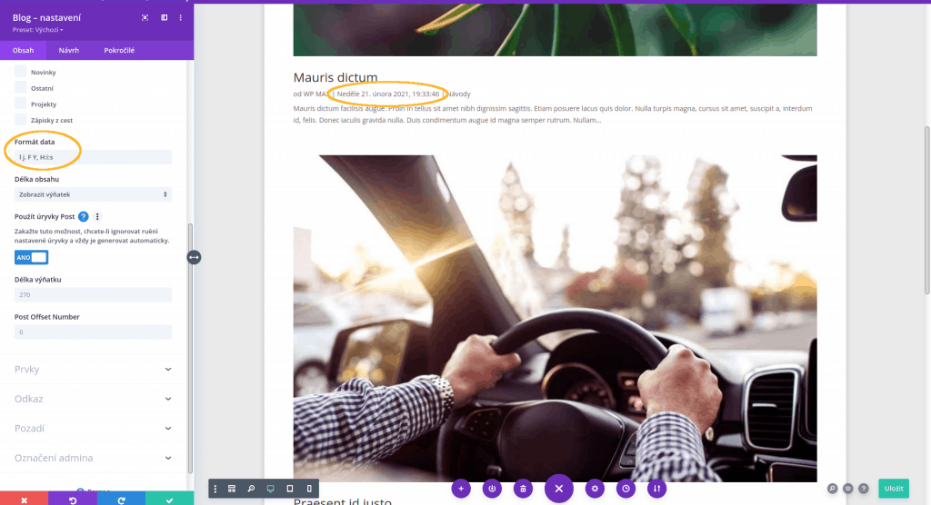 Výpis článků (blog) v šabloně Divi - nastavení zobrazení data publikování
