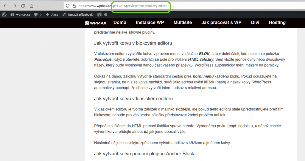 WordPress - náhled článku s odkazem na jeho část