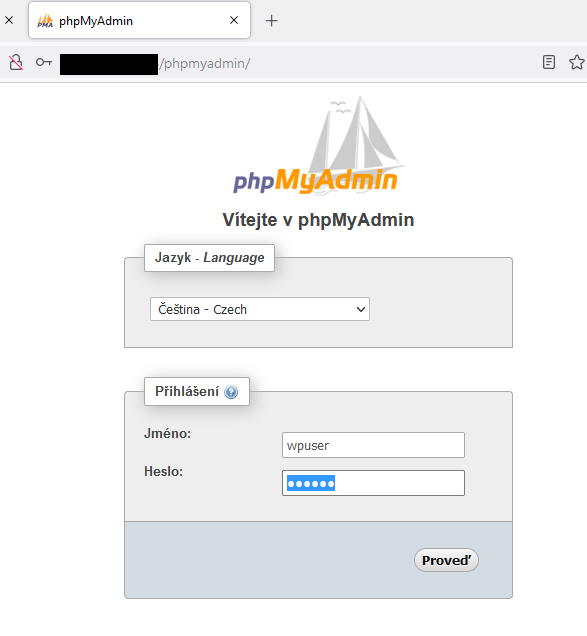 phpMyAdmin - přihlášení