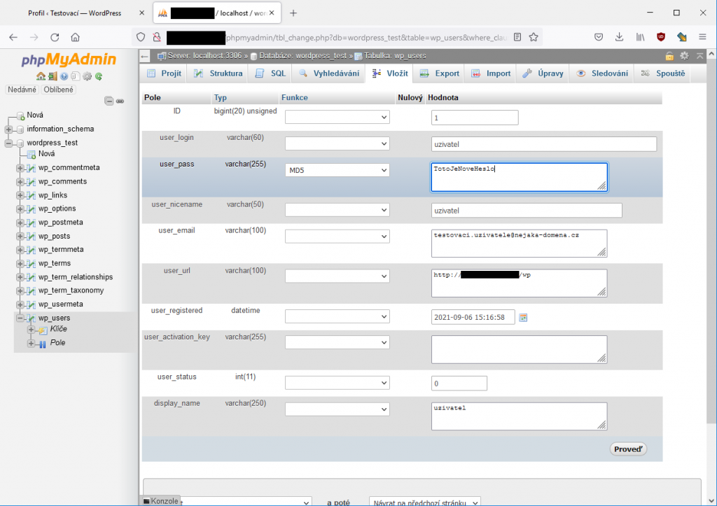 phpMyAdmin a WordPress - obnovení hesla