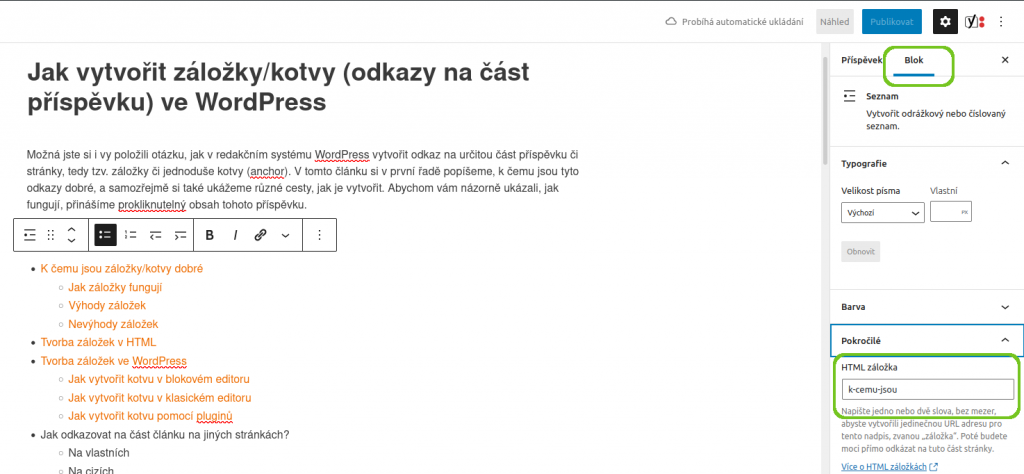 Wordpress - záložky/kotvy v blokovém editoru