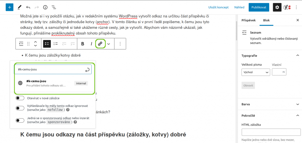 Wordpress - záložky/kotvy v blokovém editoru